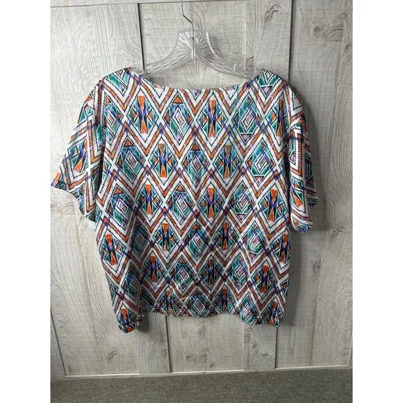 Cowgirl Up Womens Colorful Southwestern Aztec Print Blouse Large Blue Orange - Picture 2 of 7